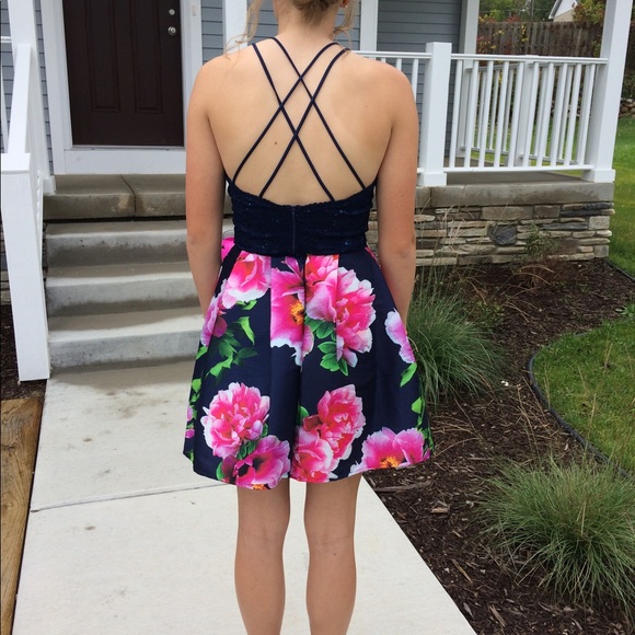 navy blue and pink floral two piece dress - Picture 2 of 4